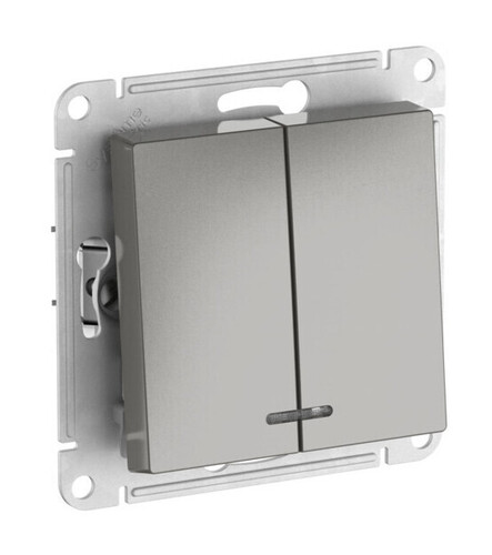 Systeme Electric AtlasDesign Сталь Выключатель 2-клавишный с подсвет.,сх.5а, 10АХ, мех., быстрозажим. клем.